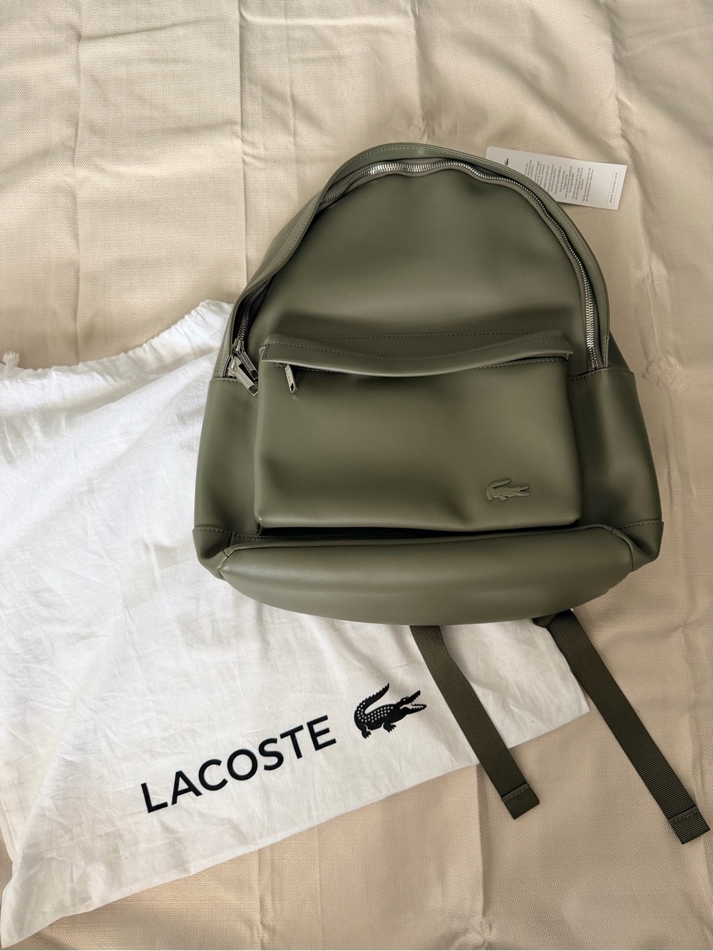 Lacoste Men's Khaki Green Smooth Leather Backpack